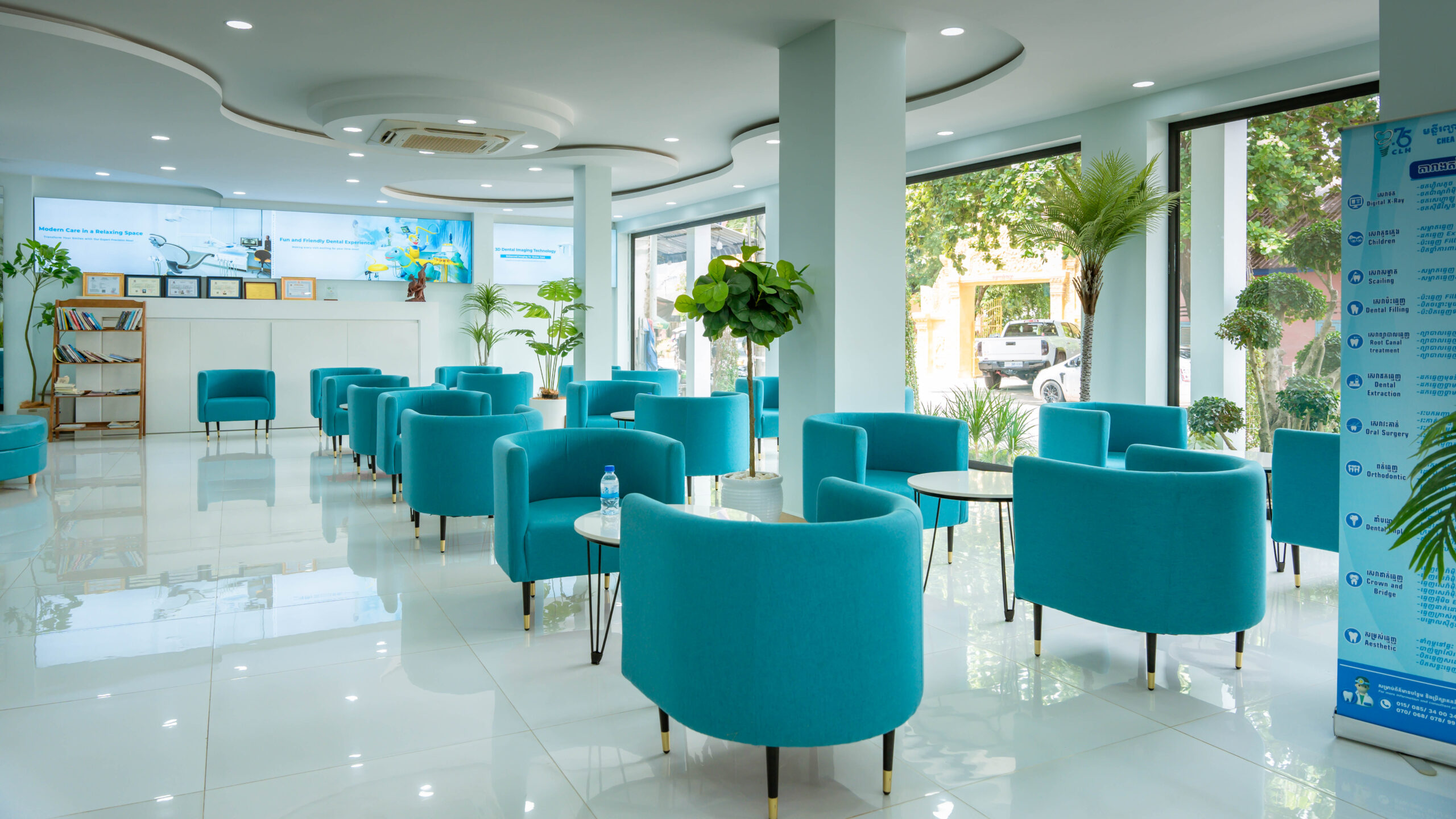 Second waiting area view at Chea Leangheng Dental Clinic featuring a clean and modern patient lounge